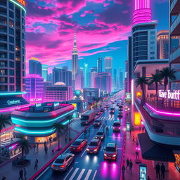 A futuristic reimagining of Grand Theft Auto: Vice City set in 2024, capturing the iconic 1980s Miami-inspired cityscape blended with sleek, ultra-modern architectural elements