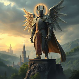 A majestic guardian standing tall over the ancient city of Aldrenor, featuring elaborate medieval armor with intricate engravings and a long flowing cape