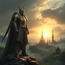 A majestic guardian standing tall over the ancient city of Aldrenor, featuring elaborate medieval armor with intricate engravings and a long flowing cape