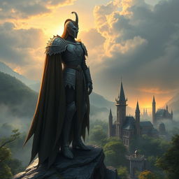 A majestic guardian standing tall over the ancient city of Aldrenor, featuring elaborate medieval armor with intricate engravings and a long flowing cape