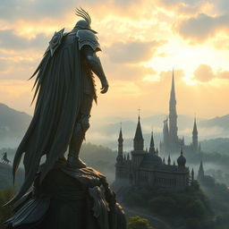 A majestic guardian standing tall over the ancient city of Aldrenor, featuring elaborate medieval armor with intricate engravings and a long flowing cape