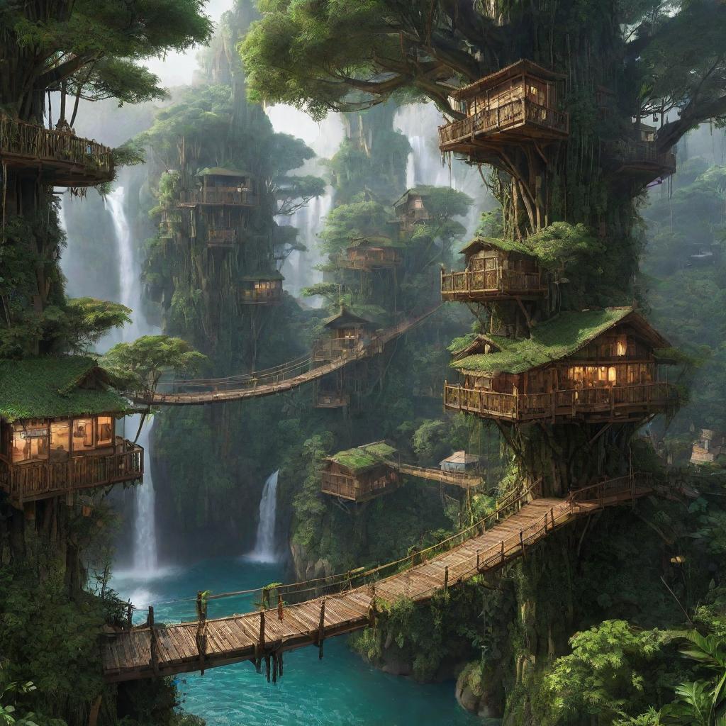 A bustling forestpunk city, integrated seamlessly into towering ancient trees, lush vegetation, and glistening waterfalls. Tree houses are suspended on wooden platforms, bamboo bridges connect the town, flora-covered pathways are buzzing with forest dwellers, and bioluminescent plants illuminate the cityscape under an emerald canopy.