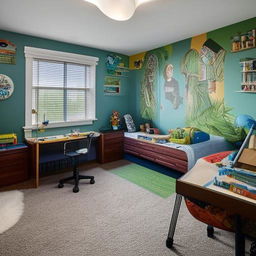 A luxuriously decorated boys bedroom with a vibrant color scheme, intricately designed furniture, a multitude of educational toys, a comfortable study area, and thematic wall arts.