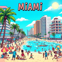 A vibrant and colorful cartoon representation of Miami, capturing the lively and energetic atmosphere