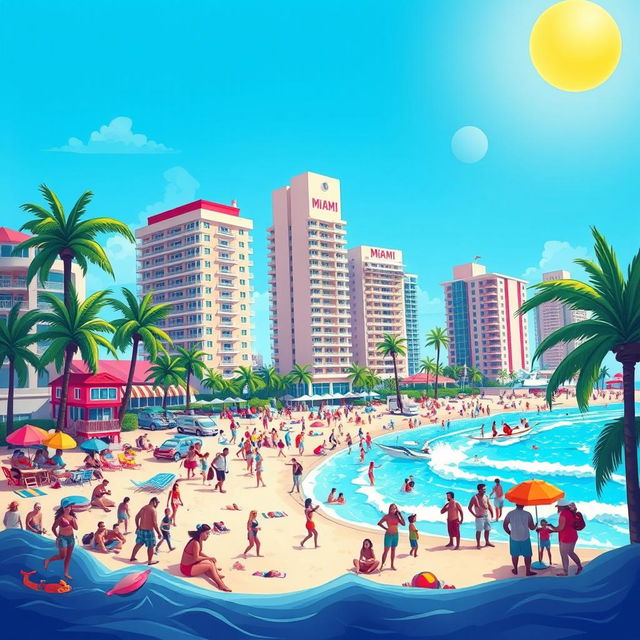 A vibrant and colorful cartoon representation of Miami, capturing the lively and energetic atmosphere