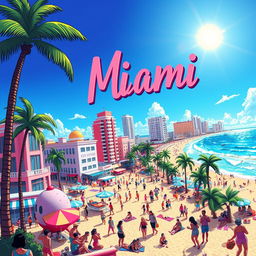 A vibrant and colorful cartoon representation of Miami, capturing the lively and energetic atmosphere