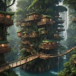 A bustling forestpunk city, integrated seamlessly into towering ancient trees, lush vegetation, and glistening waterfalls. Tree houses are suspended on wooden platforms, bamboo bridges connect the town, flora-covered pathways are buzzing with forest dwellers, and bioluminescent plants illuminate the cityscape under an emerald canopy.