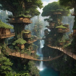 A bustling forestpunk city, integrated seamlessly into towering ancient trees, lush vegetation, and glistening waterfalls. Tree houses are suspended on wooden platforms, bamboo bridges connect the town, flora-covered pathways are buzzing with forest dwellers, and bioluminescent plants illuminate the cityscape under an emerald canopy.