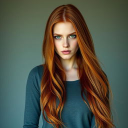 A full-body portrait of a fierce-looking 22-year-old redheaded woman with long, flowing hair that extends beyond her waist