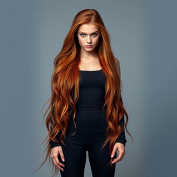 A full-body portrait of a fierce-looking 22-year-old redheaded woman with long, flowing hair that extends beyond her waist