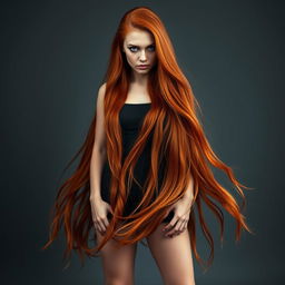 A full-body portrait of a fierce-looking 22-year-old redheaded woman with long, flowing hair that extends beyond her waist