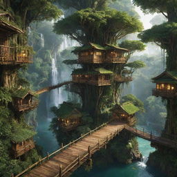 A bustling forestpunk city, integrated seamlessly into towering ancient trees, lush vegetation, and glistening waterfalls. Tree houses are suspended on wooden platforms, bamboo bridges connect the town, flora-covered pathways are buzzing with forest dwellers, and bioluminescent plants illuminate the cityscape under an emerald canopy.