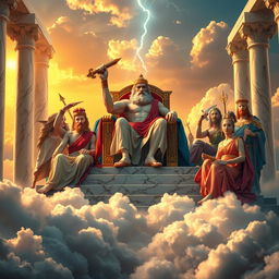 An epic scene from Greek mythology depicting the gods of Olympus in a grand assembly