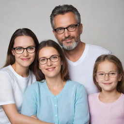 A father, a mother and two daughters together. The mother and the two daughters are wearing glasses, but the father is not.