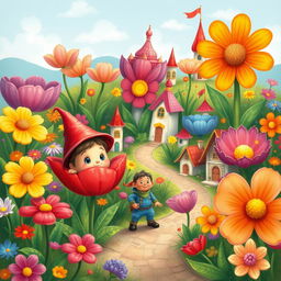 A vibrant and whimsical scene from the beloved children's story "Neznaika in the Flower City