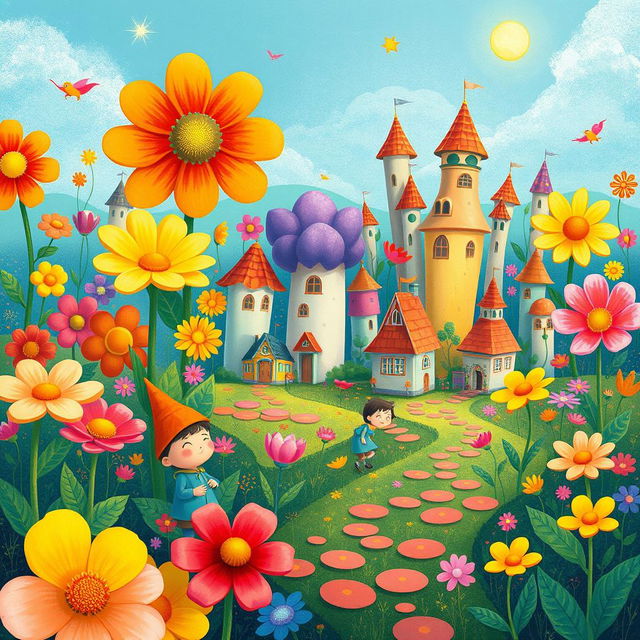 A vibrant and whimsical scene from the beloved children's story "Neznaika in the Flower City