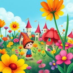 A vibrant and whimsical scene from the beloved children's story "Neznaika in the Flower City