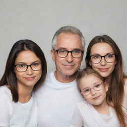A father, a mother and two daughters together. The mother and the two daughters are wearing glasses, but the father is not.