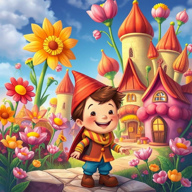 A vibrant and whimsical scene from the beloved children's story "Neznaika in the Flower City