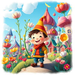 A vibrant and whimsical scene from the beloved children's story "Neznaika in the Flower City