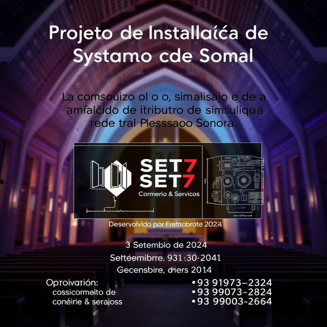 A visually appealing poster for a project titled "Projeto de Instalação do Sistema de Som para a Igreja do IATAI"