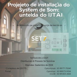 A visually appealing poster for a project titled "Projeto de Instalação do Sistema de Som para a Igreja do IATAI"