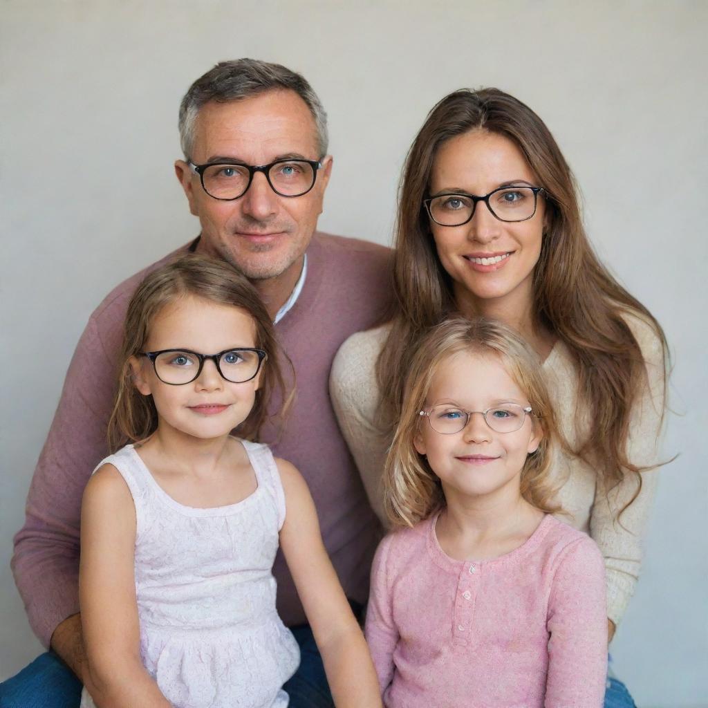 A father, a mother and two daughters together. The mother and the two daughters are wearing glasses, but the father is not.