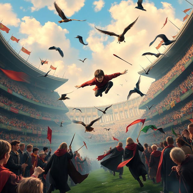 An exhilarating scene from a Quidditch match in the world of Harry Potter