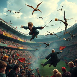 An exhilarating scene from a Quidditch match in the world of Harry Potter