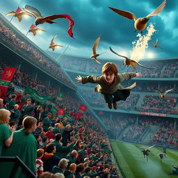 An exhilarating scene from a Quidditch match in the world of Harry Potter