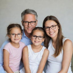 A father, a mother and two daughters together. The mother and the two daughters are wearing glasses, but the father is not.