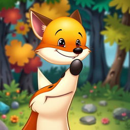 A playful and vibrant cartoon-style scene depicting Kolobok, the cheerful, round, golden-brown bun character, perched precariously on the tip of a sly fox's nose