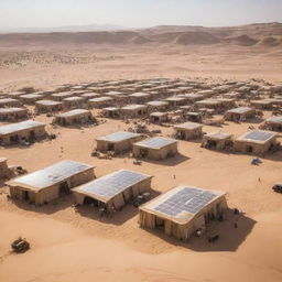 A bustling desertpunk city thriving amidst vast dunes. Buildings sculpted from sand and adorned with solar panels, vehicles designed for desert navigation, bustling bazaars under tent canopies, and nomadic citizens dressed in attire adapted for the sun and sand thrive under the relentless desert sun.