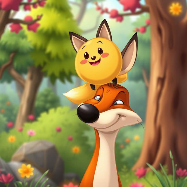 A playful and vibrant cartoon-style scene depicting Kolobok, the cheerful, round, golden-brown bun character, perched precariously on the tip of a sly fox's nose