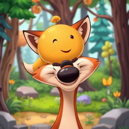 A playful and vibrant cartoon-style scene depicting Kolobok, the cheerful, round, golden-brown bun character, perched precariously on the tip of a sly fox's nose