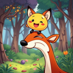 A playful and vibrant cartoon-style scene depicting Kolobok, the cheerful, round, golden-brown bun character, perched precariously on the tip of a sly fox's nose