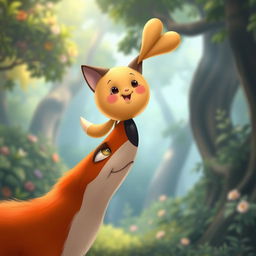 A Disney-style animated scene featuring Kolobok, the cheerful, round, golden-brown bun character, balanced playfully on the tip of a fox's nose