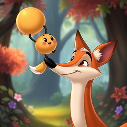 A Disney-style animated scene featuring Kolobok, the cheerful, round, golden-brown bun character, balanced playfully on the tip of a fox's nose