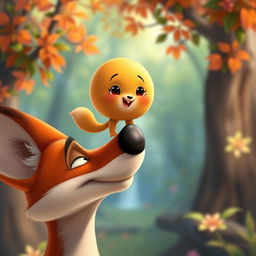 A Disney-style animated scene featuring Kolobok, the cheerful, round, golden-brown bun character, balanced playfully on the tip of a fox's nose