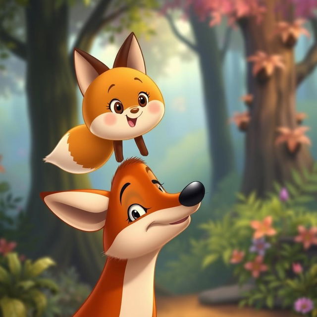 A Disney-style animated scene featuring Kolobok, the cheerful, round, golden-brown bun character, balanced playfully on the tip of a fox's nose