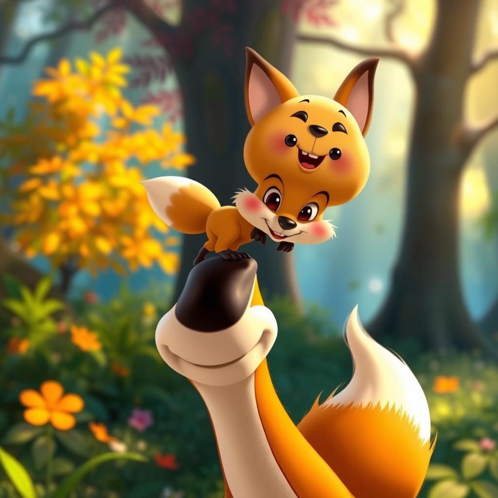 A Disney-style animated scene featuring Kolobok, the cheerful, round, golden-brown bun character, balancing playfully on the nose of a charming, animated fox