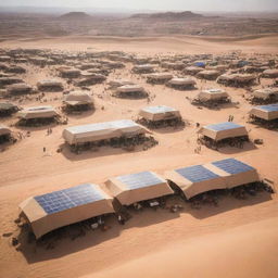 A bustling desertpunk city thriving amidst vast dunes. Buildings sculpted from sand and adorned with solar panels, vehicles designed for desert navigation, bustling bazaars under tent canopies, and nomadic citizens dressed in attire adapted for the sun and sand thrive under the relentless desert sun.