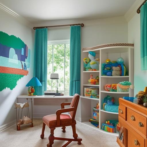 A luxuriously decorated boys bedroom with a vibrant color scheme, intricately designed furniture, a multitude of educational toys, a comfortable study area, and thematic wall arts.