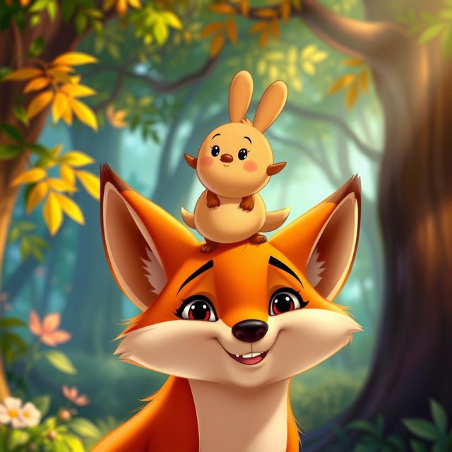 A Disney-style animated scene featuring Kolobok, the cheerful, round, golden-brown bun character, balancing playfully on the nose of a charming, animated fox