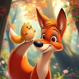 A Disney-style animated scene featuring Kolobok, the cheerful, round, golden-brown bun character, balancing playfully on the nose of a charming, animated fox