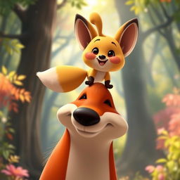 A Disney-style animated scene featuring Kolobok, the cheerful, round, golden-brown bun character, balancing playfully on the nose of a charming, animated fox