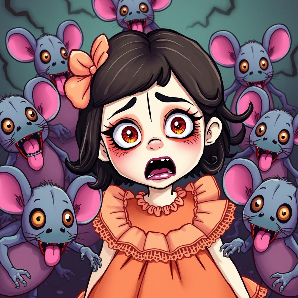 A girl with a terrified expression, surrounded by cartoonish scary zombie mice