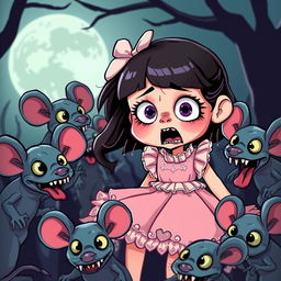 A girl with a terrified expression, surrounded by cartoonish scary zombie mice