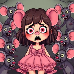 A girl with a terrified expression, surrounded by cartoonish scary zombie mice