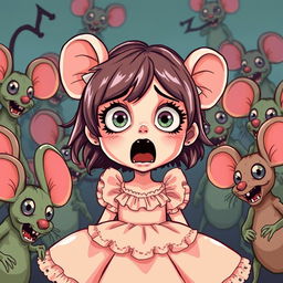 A girl with a terrified expression, surrounded by cartoonish scary zombie mice